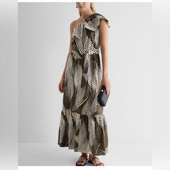 Express Dresses & Skirts - Express Olive and White One-Shoulder Maxi Dress